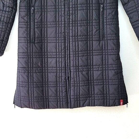 LEVI'S Black Plaid Quilted Long Puffer Coat Jacket size XS Neutral Warm Winter - Picture 3 of 16